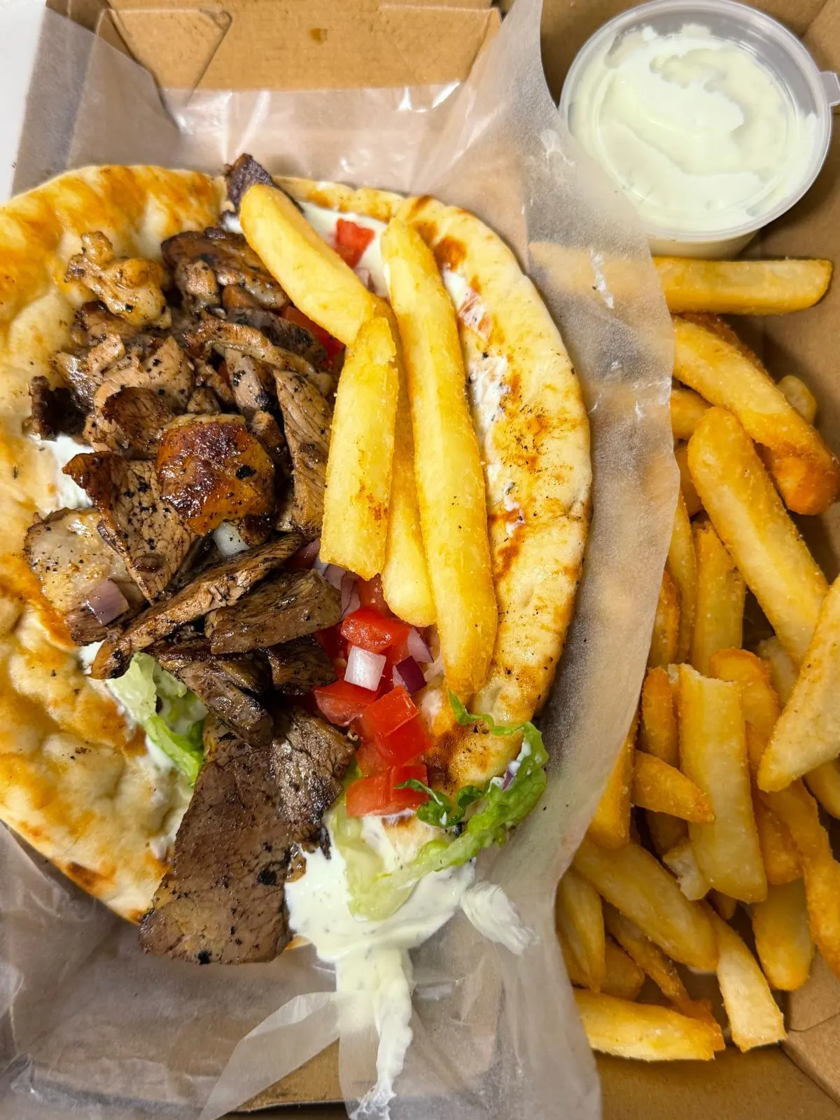 Open Lamb Souvlaki and Chips Open Lamb Souvlaki and Chips