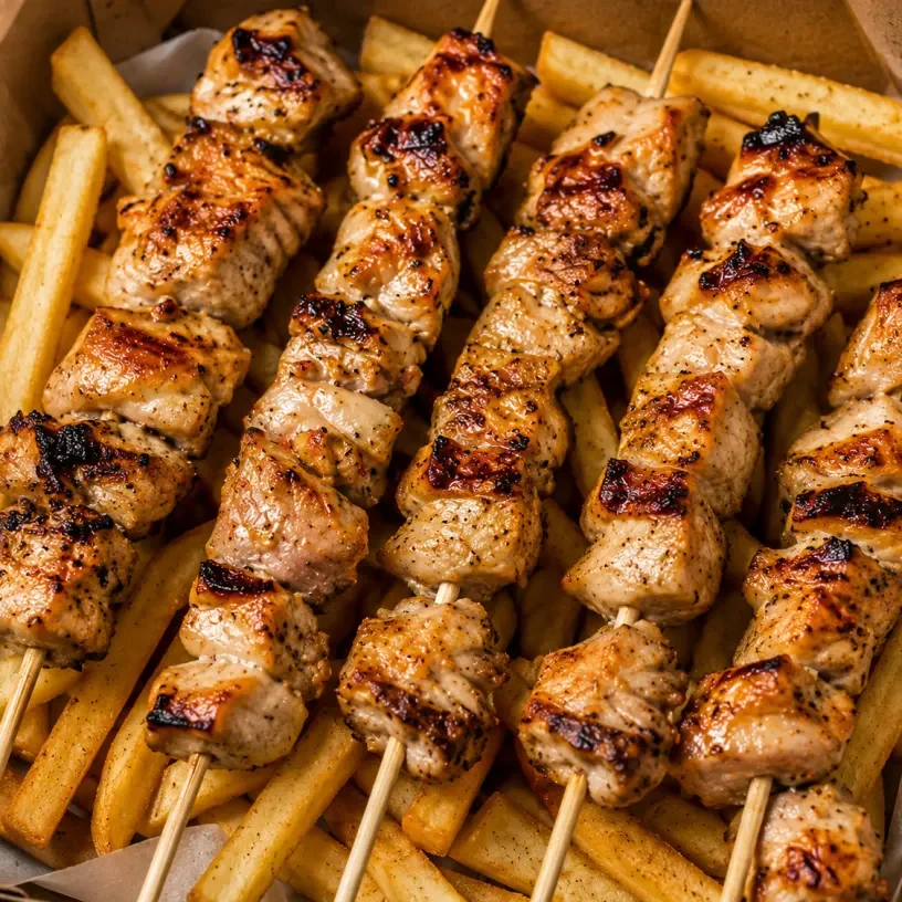 Chicken Souvlaki Skewers & Chips